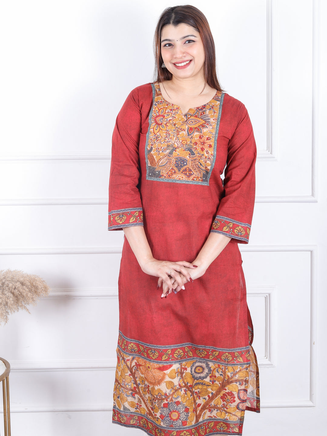 Dashtaan Burnt Orange Kalamkari Patch with Kantha Detailing Cotton Kurti
