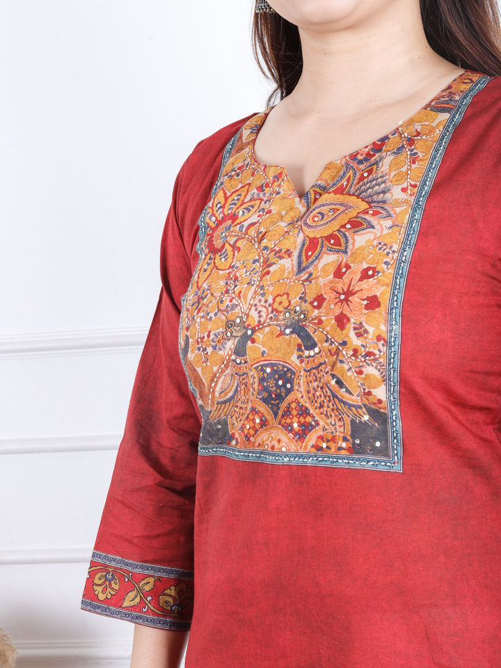 Dashtaan Burnt Orange Kalamkari Patch with Kantha Detailing Cotton Kurti