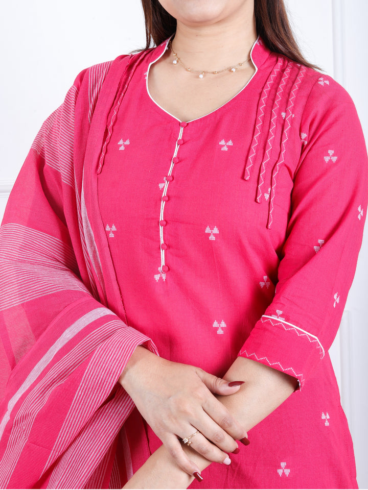 Rukshat Barbie Pink All Over Thread Weaved with Potli Button Handloom Cotton 3 Piece Set