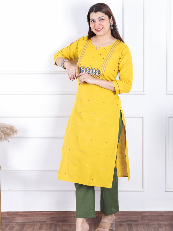 Dashtaan Turmeric Yellow All Over Thread Buti with Embroidered Neck Cotton Kurti