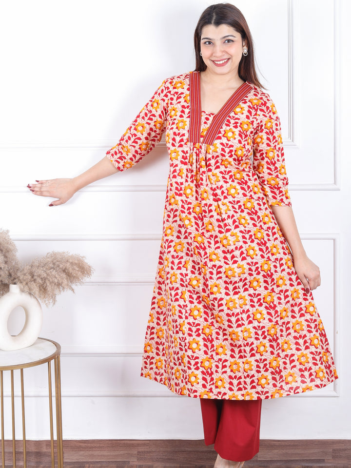 Khwab Beige with Red Floral Print in V Neck Gathered Work Cotton Kurti