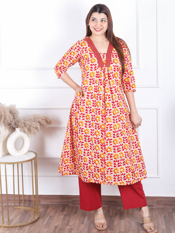 Khwab Beige with Red Floral Print in V Neck Gathered Work Cotton Kurti