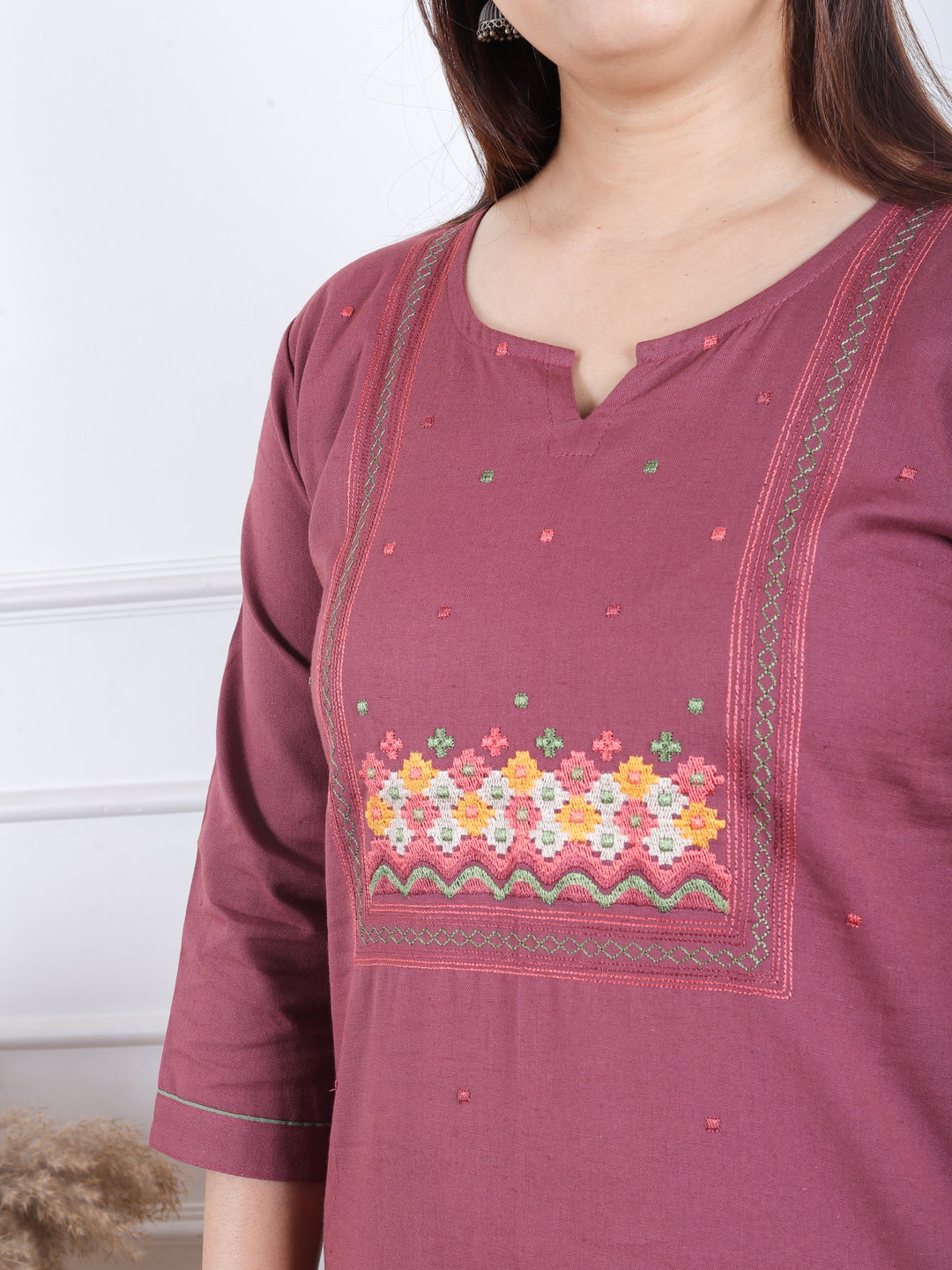 Dashtaan Wine Burgundy All Over Thread Buti with Embroidered Neck Cotton Kurti