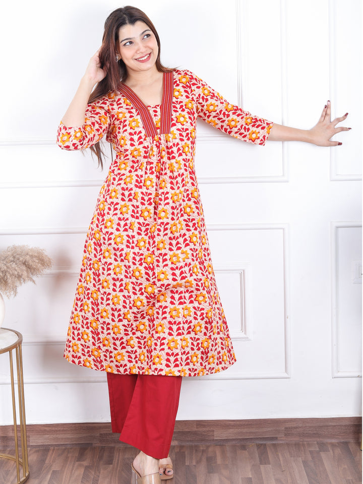 Khwab Beige with Red Floral Print in V Neck Gathered Work Cotton Kurti