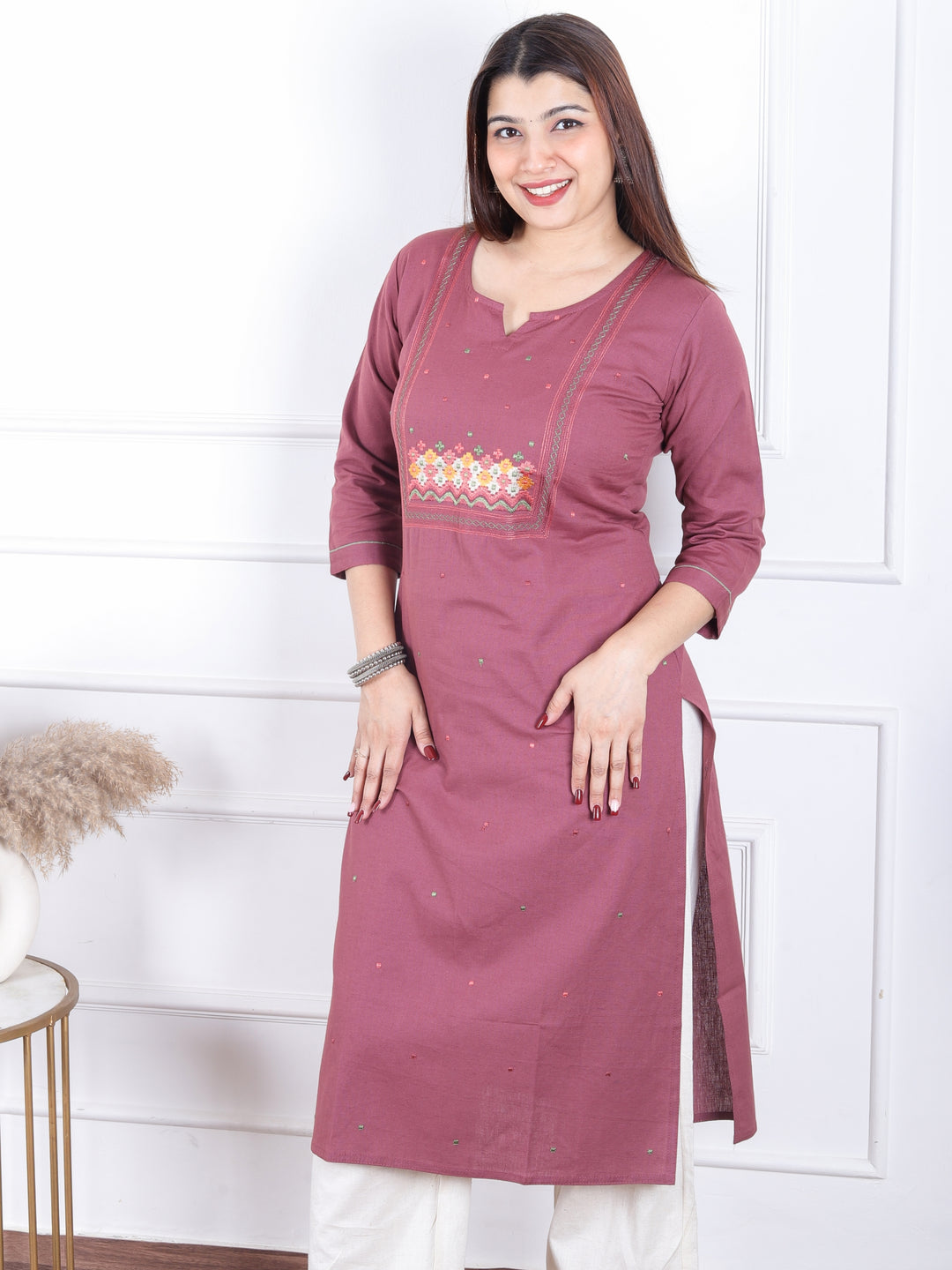 Dashtaan Wine Burgundy All Over Thread Buti with Embroidered Neck Cotton Kurti
