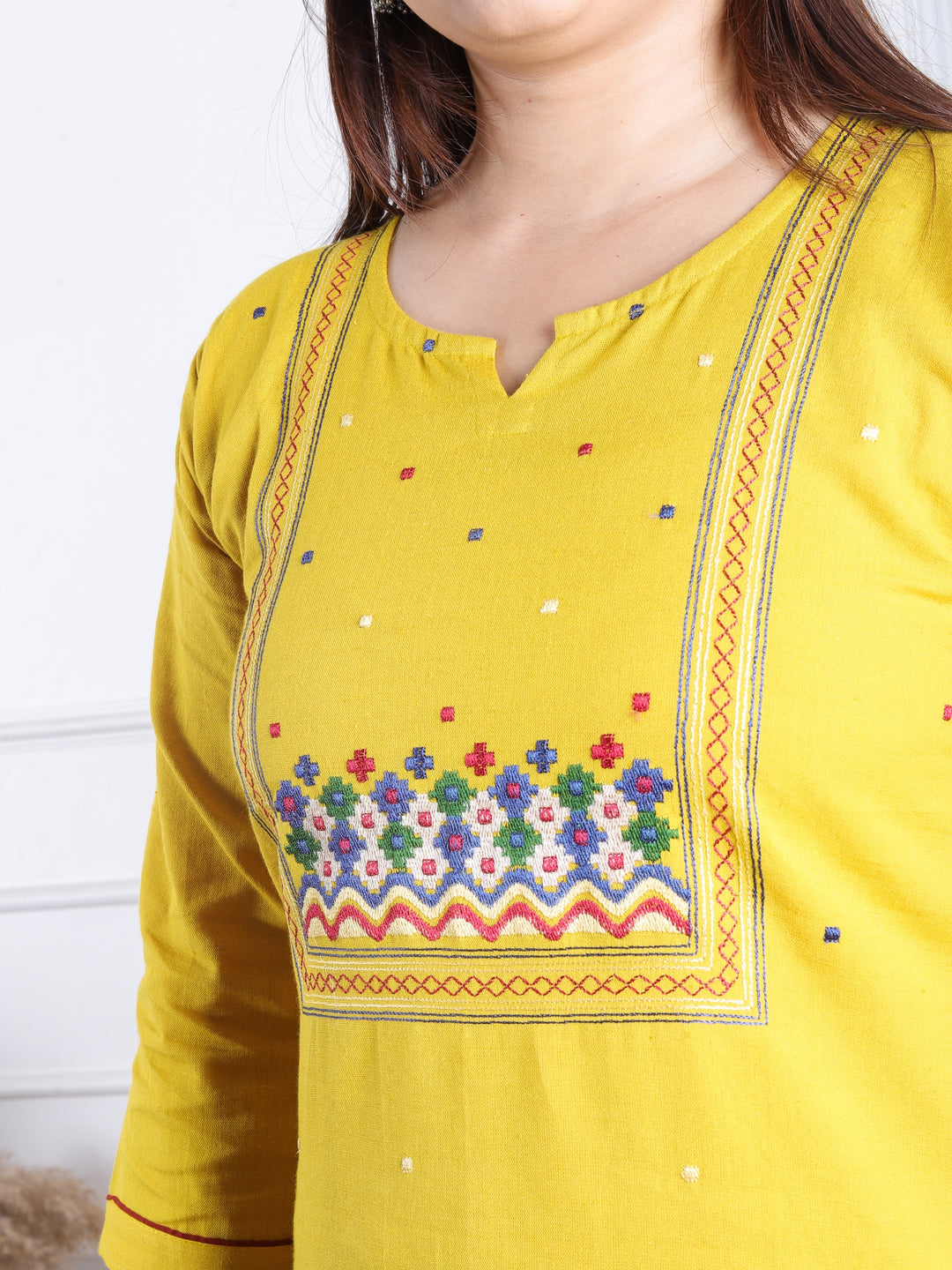 Dashtaan Turmeric Yellow All Over Thread Buti with Embroidered Neck Cotton Kurti
