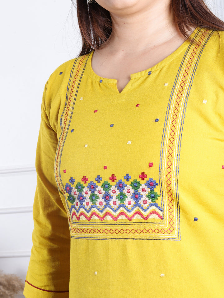 Dashtaan Turmeric Yellow All Over Thread Buti with Embroidered Neck Cotton Kurti