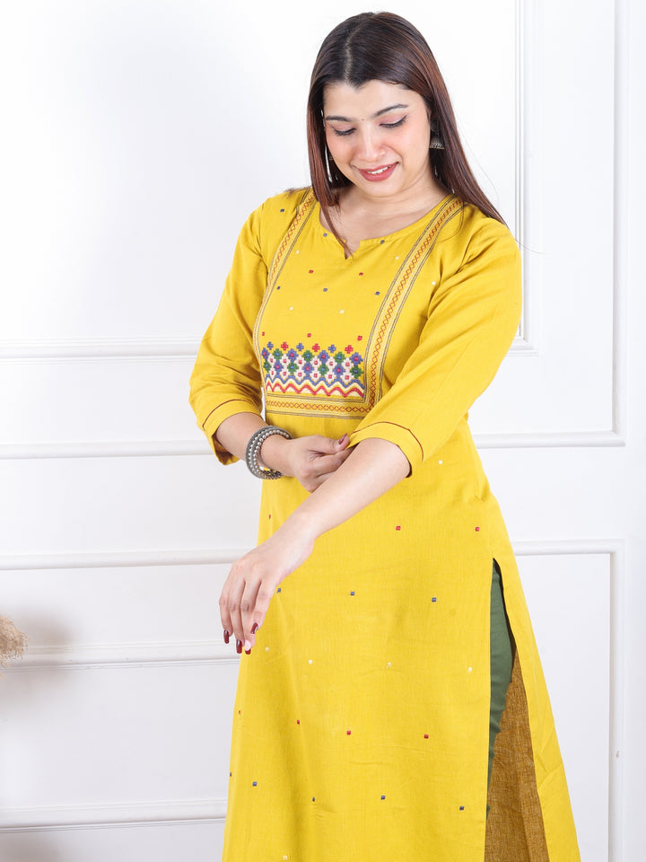 Dashtaan Turmeric Yellow All Over Thread Buti with Embroidered Neck Cotton Kurti