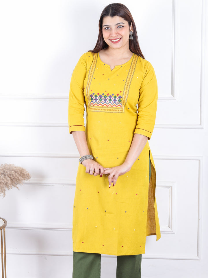 Dashtaan Turmeric Yellow All Over Thread Buti with Embroidered Neck Cotton Kurti