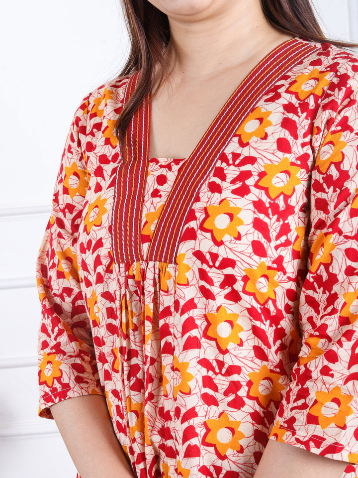 Khwab Beige with Red Floral Print in V Neck Gathered Work Cotton Kurti