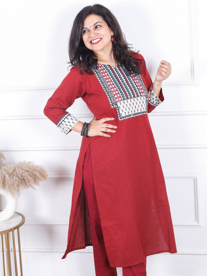 Sadhgi Maroon Red Triangle Printed Yoke with Kantha Detailing Cotton Kurti