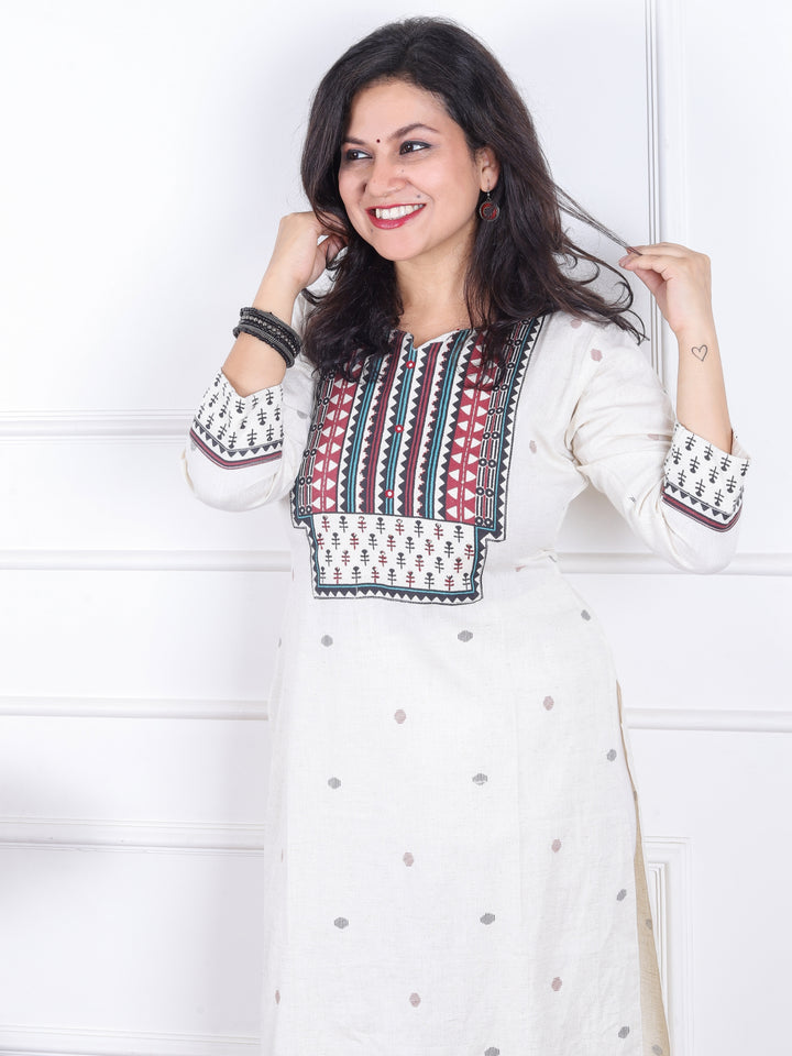Sadhgi Shell White Triangle Printed Yoke with Kantha Detailing Cotton Kurti