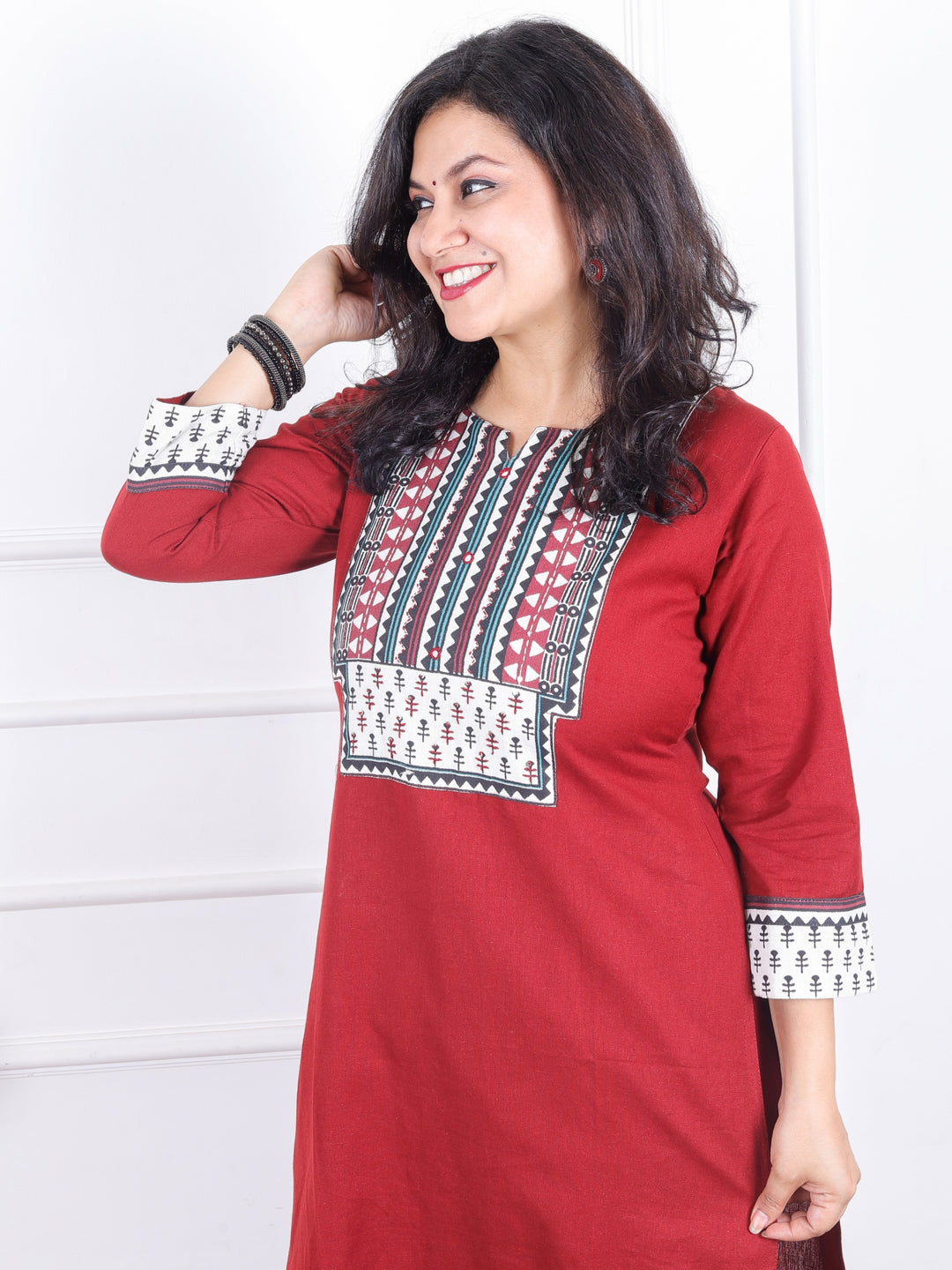 Sadhgi Maroon Red Triangle Printed Yoke with Kantha Detailing Cotton Kurti