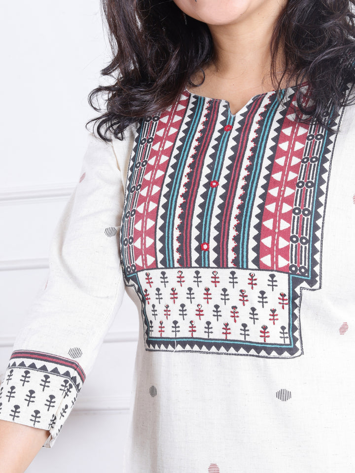 Sadhgi Shell White Triangle Printed Yoke with Kantha Detailing Cotton Kurti