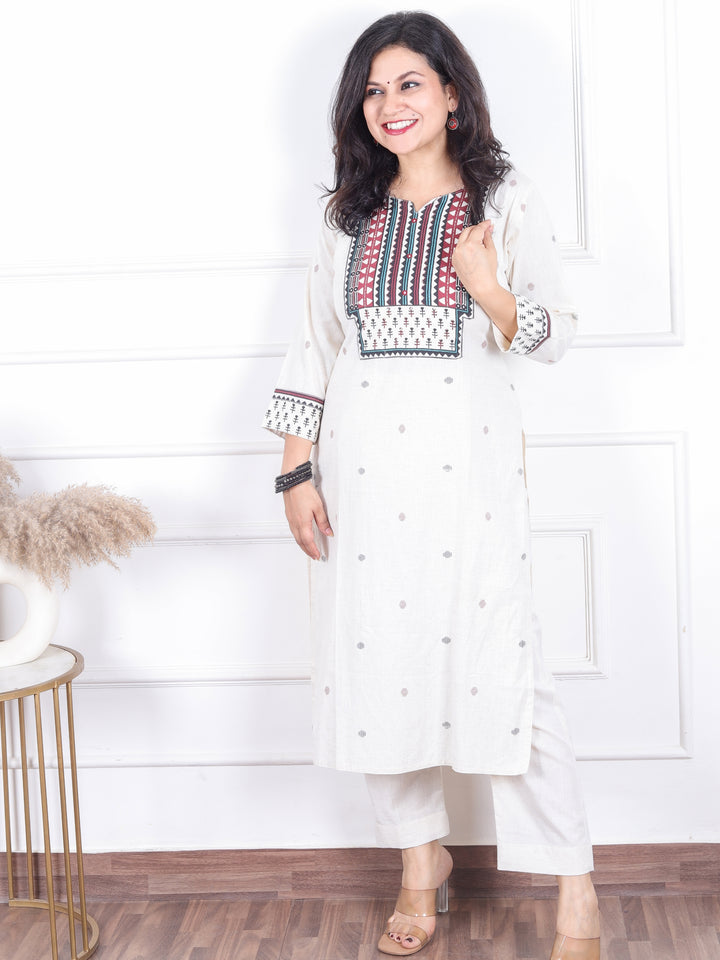 Sadhgi Shell White Triangle Printed Yoke with Kantha Detailing Cotton Kurti