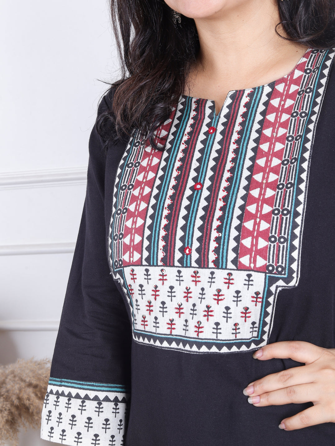 Sadhgi Ebony Black Triangle Printed Yoke with Kantha Detailing Cotton Kurti