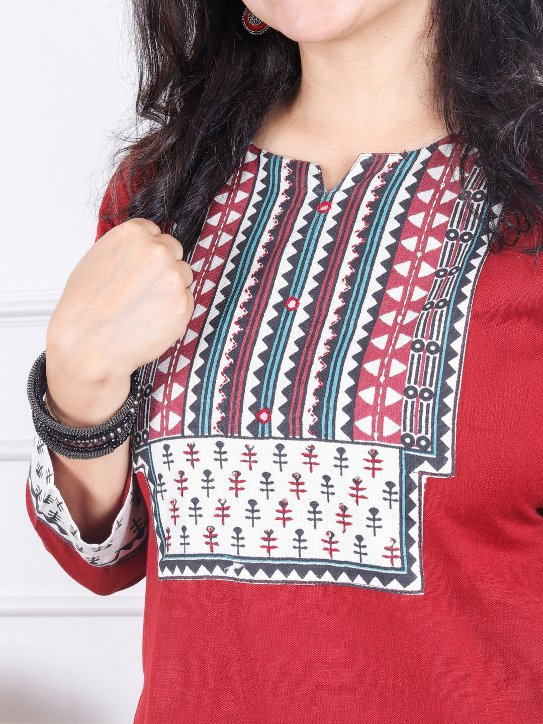 Sadhgi Maroon Red Triangle Printed Yoke with Kantha Detailing Cotton Kurti