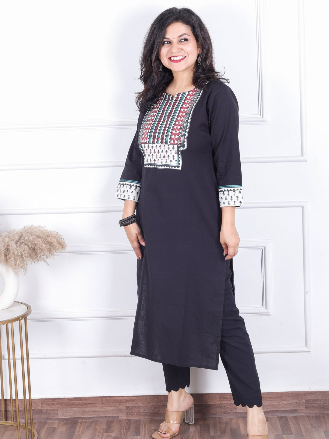 Sadhgi Ebony Black Triangle Printed Yoke with Kantha Detailing Cotton Kurti