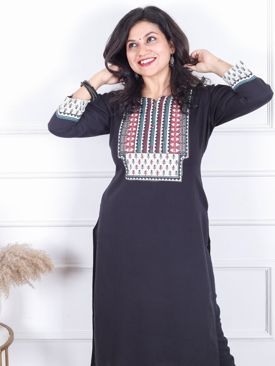 Sadhgi Ebony Black Triangle Printed Yoke with Kantha Detailing Cotton Kurti