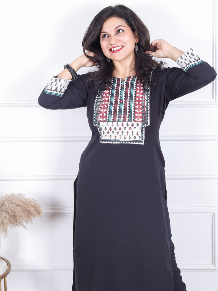 Sadhgi Ebony Black Triangle Printed Yoke with Kantha Detailing Cotton Kurti