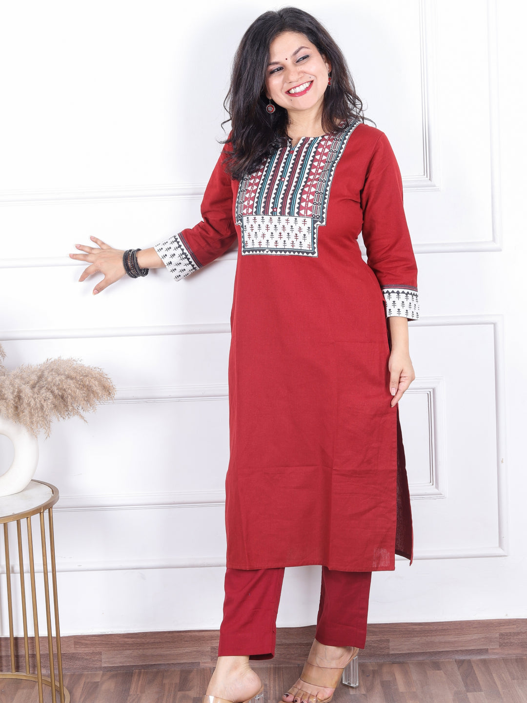 Sadhgi Maroon Red Triangle Printed Yoke with Kantha Detailing Cotton Kurti
