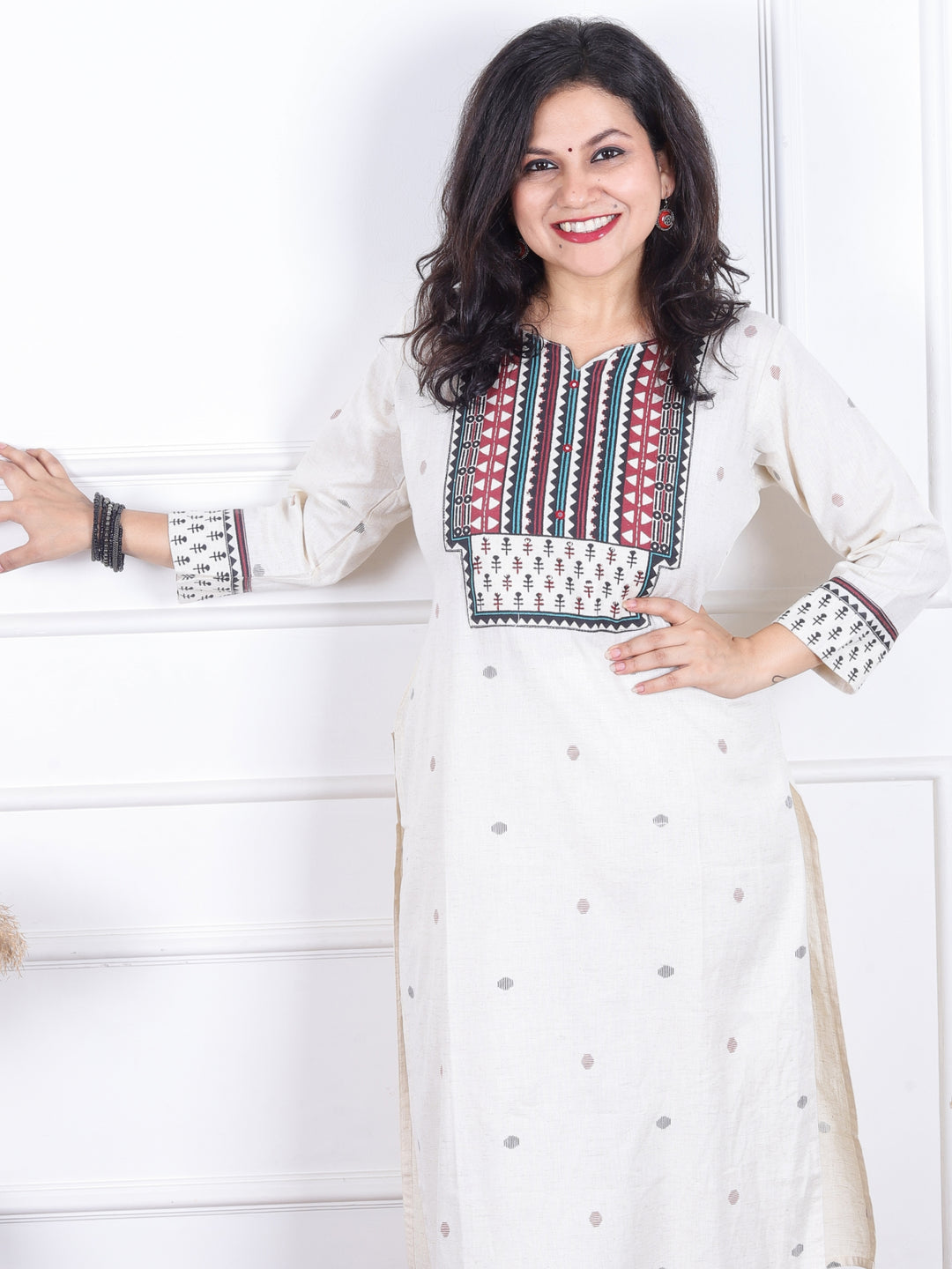 Sadhgi Shell White Triangle Printed Yoke with Kantha Detailing Cotton Kurti