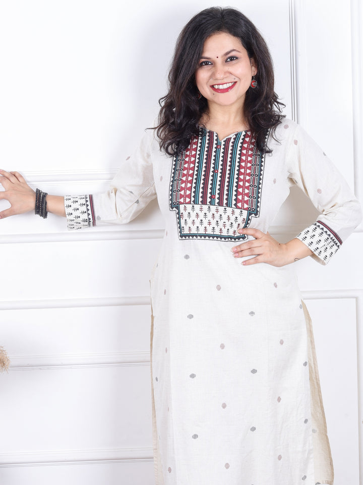 Sadhgi Shell White Triangle Printed Yoke with Kantha Detailing Cotton Kurti