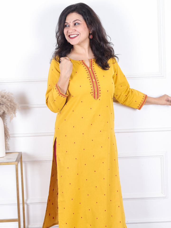 Masakkali Turmeric Yellow Patra Work Patch with All Over Thread Buti Cotton Kurti