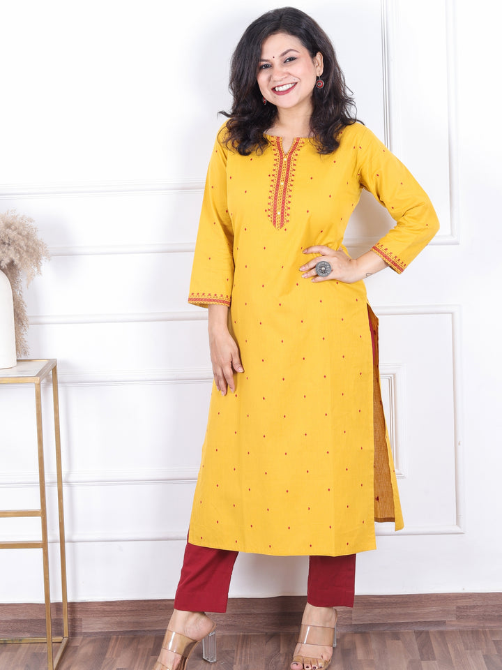 Masakkali Turmeric Yellow Patra Work Patch with All Over Thread Buti Cotton Kurti