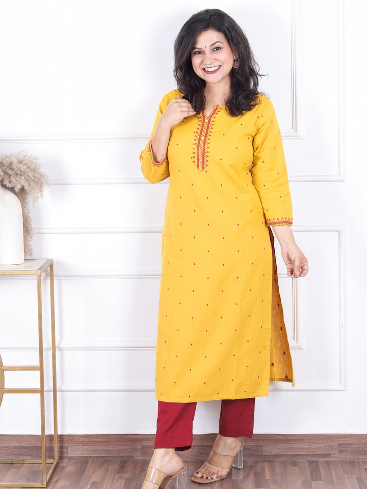 Masakkali Turmeric Yellow Patra Work Patch with All Over Thread Buti Cotton Kurti