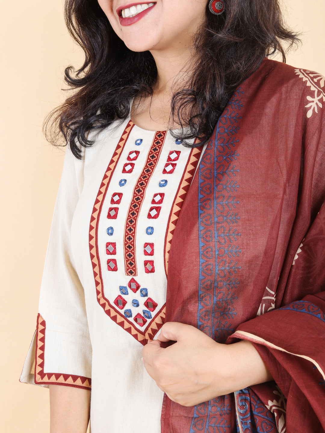 Dashtaan Champagne Beige Mirror Neck Work with Lace Cotton 3 Piece Set-D2