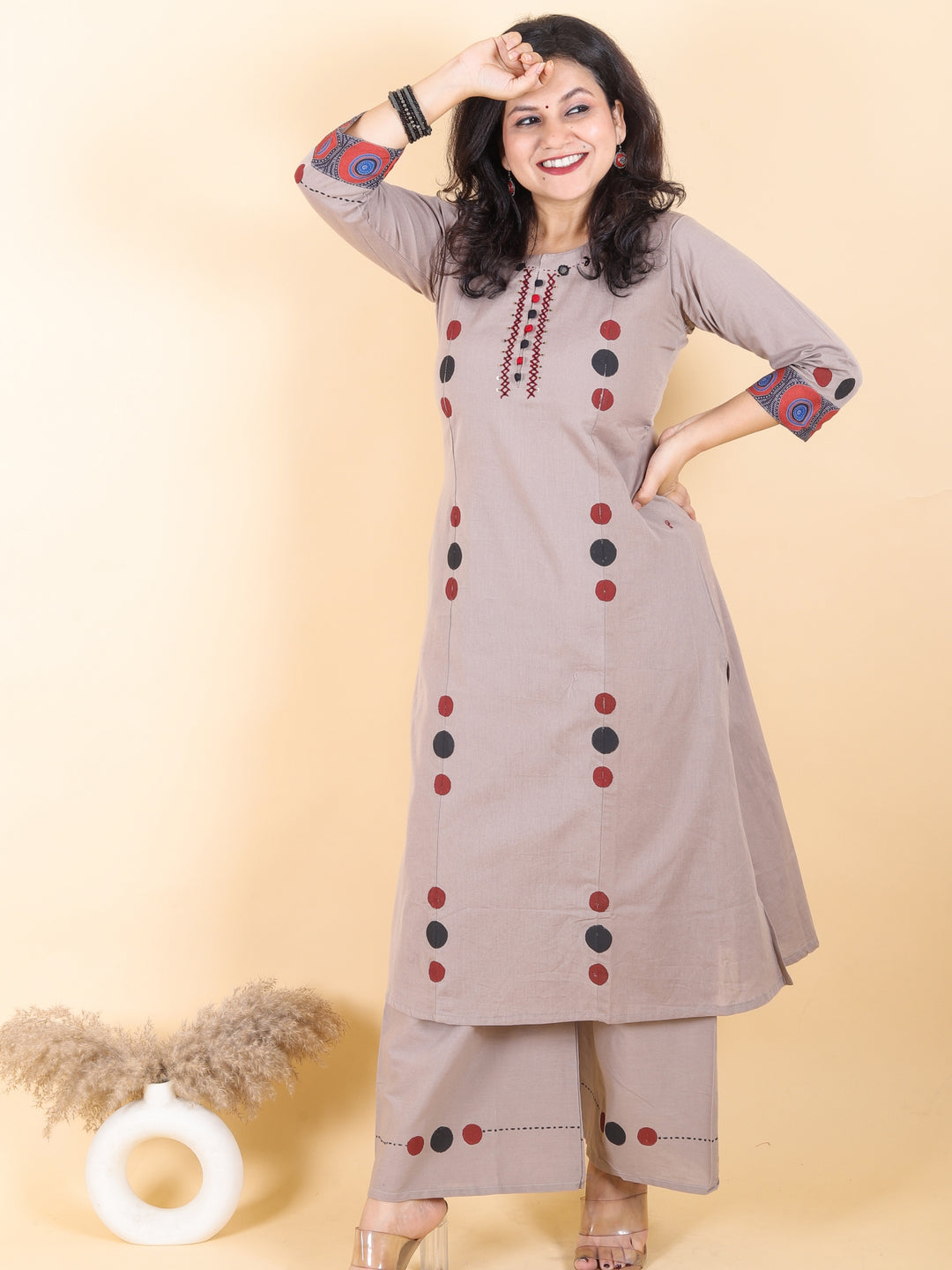 Sadhgi Hazel Taupe Mirror Neck with Potli Button and Thread Work Cotton 2 Piece Set