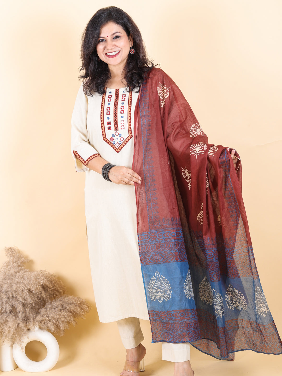 Dashtaan Champagne Beige Mirror Neck Work with Lace Cotton 3 Piece Set-D2