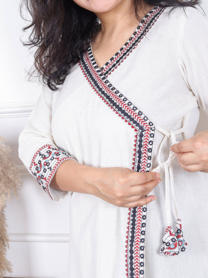 Rooprani Shell White Angrakha Embellish Neck and Sleeve Short Cotton Kurti