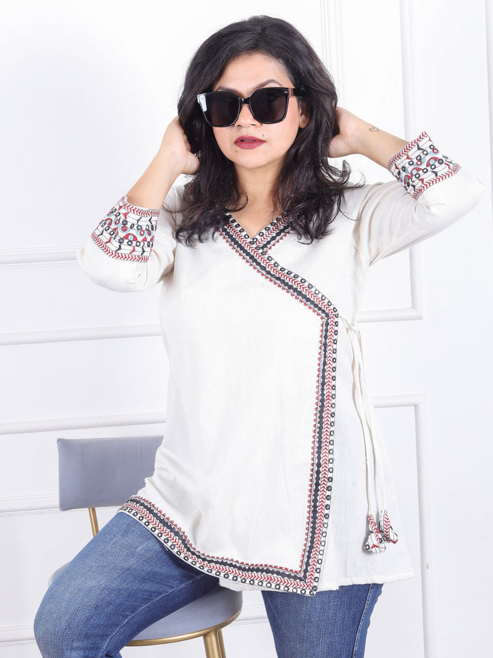 Rooprani Shell White Angrakha Embellish Neck and Sleeve Short Cotton Kurti
