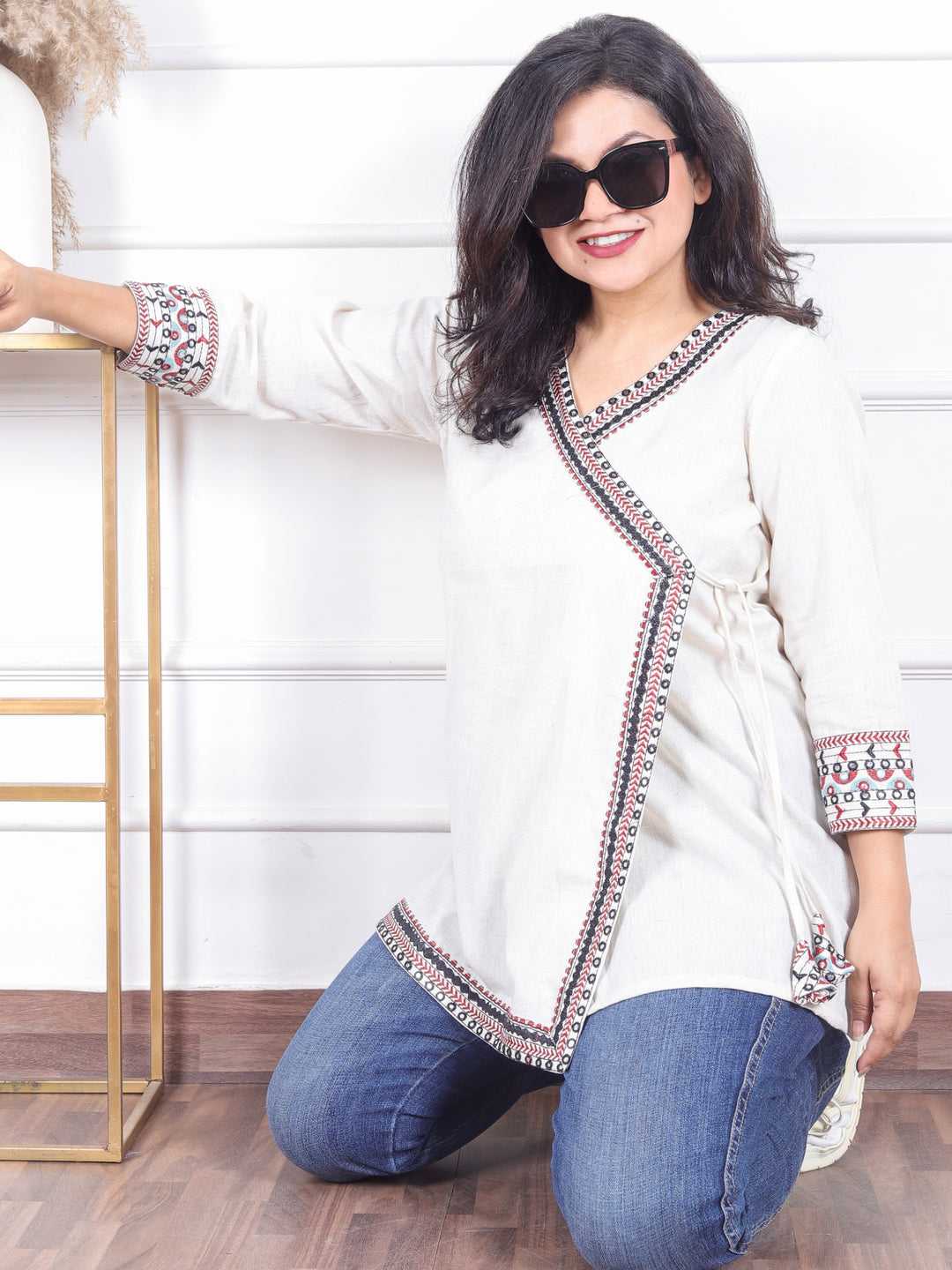 Rooprani Shell White Angrakha Embellish Neck and Sleeve Short Cotton Kurti