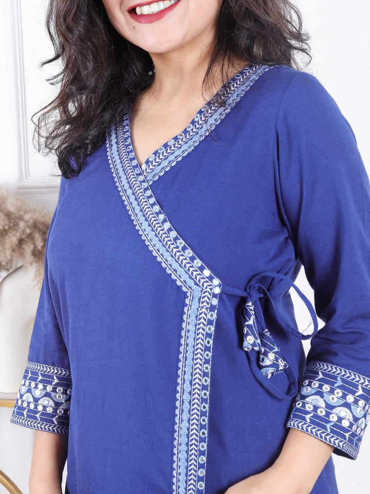 Rooprani Indigo Blue Angrakha Embellish Neck and Sleeve Short Cotton Kurti