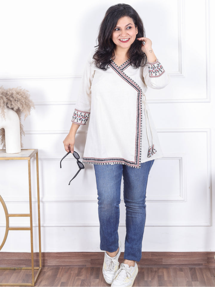 Rooprani Shell White Angrakha Embellish Neck and Sleeve Short Cotton Kurti