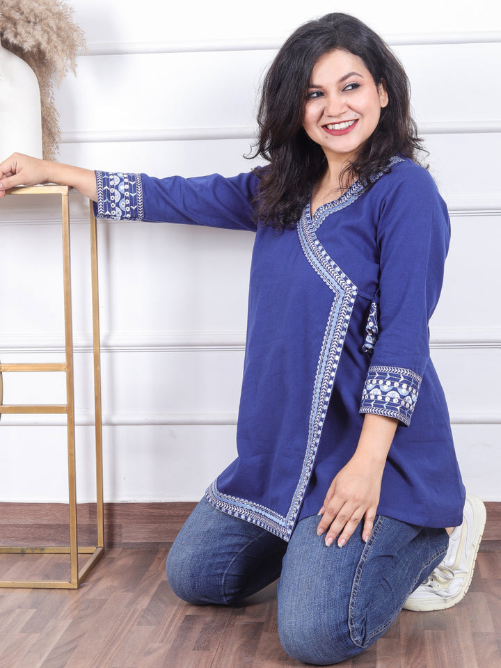 Rooprani Indigo Blue Angrakha Embellish Neck and Sleeve Short Cotton Kurti