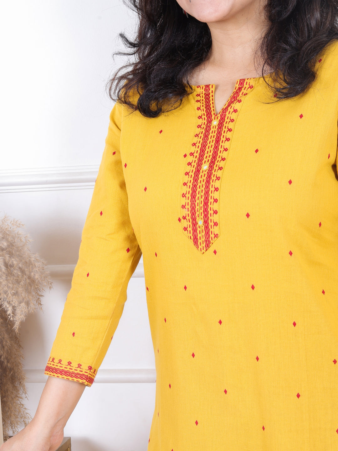Masakkali Turmeric Yellow Patra Work Patch with All Over Thread Buti Cotton Kurti