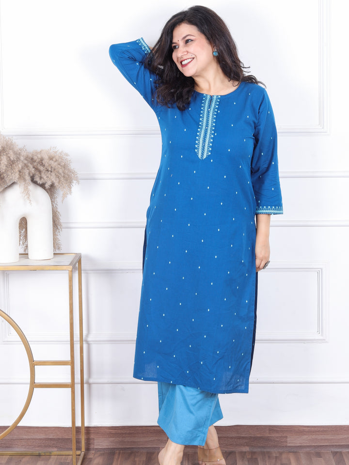 Masakkali Cobalt Blue Patra Work Patch with All Over Thread Buti Cotton Kurti