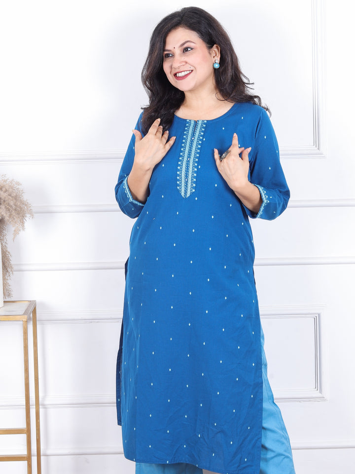 Masakkali Cobalt Blue Patra Work Patch with All Over Thread Buti Cotton Kurti