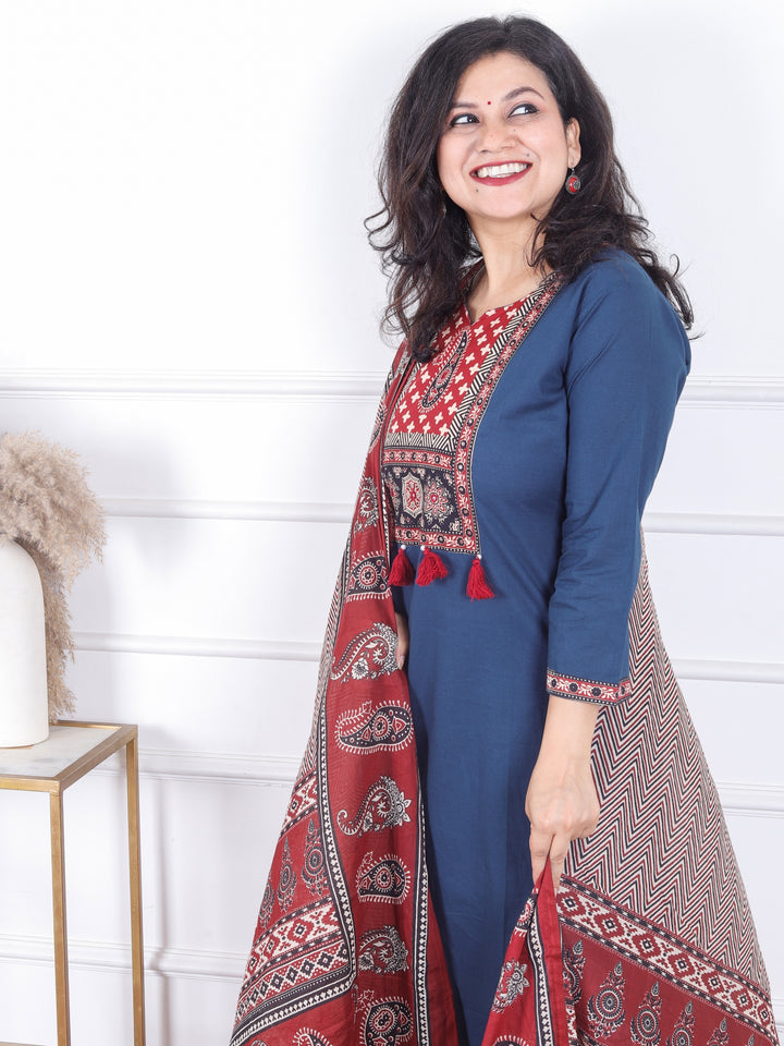 Sadhgi Navy Blue Ajrak Print Patch with Patra and Tessels Work Cotton 3 Piece Set