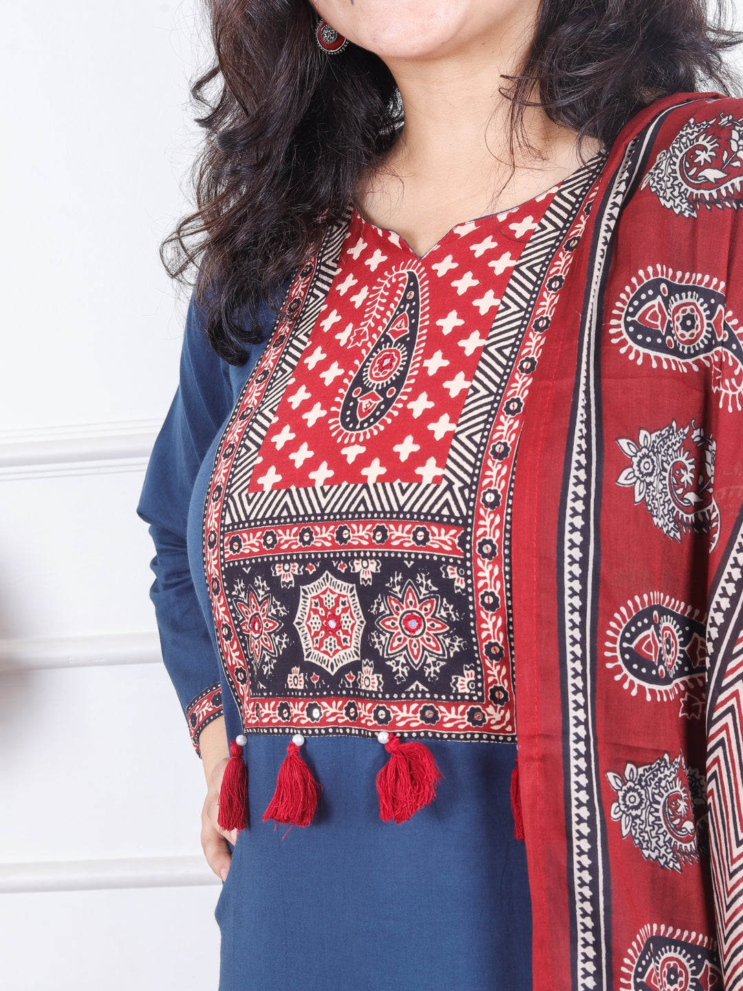 Sadhgi Navy Blue Ajrak Print Patch with Patra and Tessels Work Cotton 3 Piece Set