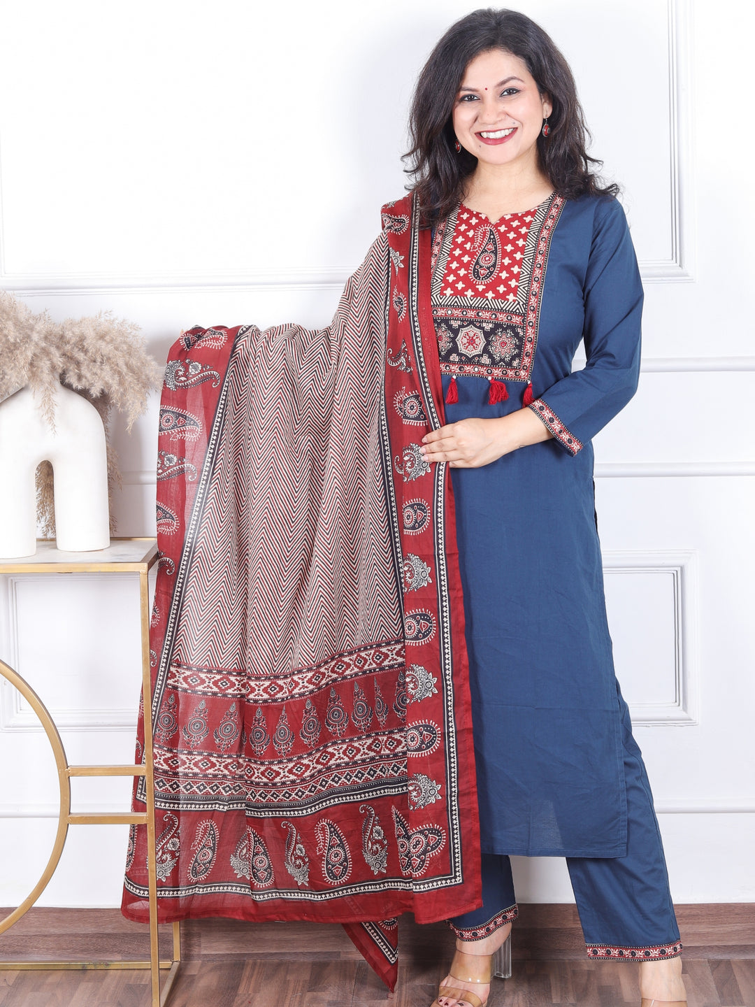 Sadhgi Navy Blue Ajrak Print Patch with Patra and Tessels Work Cotton 3 Piece Set