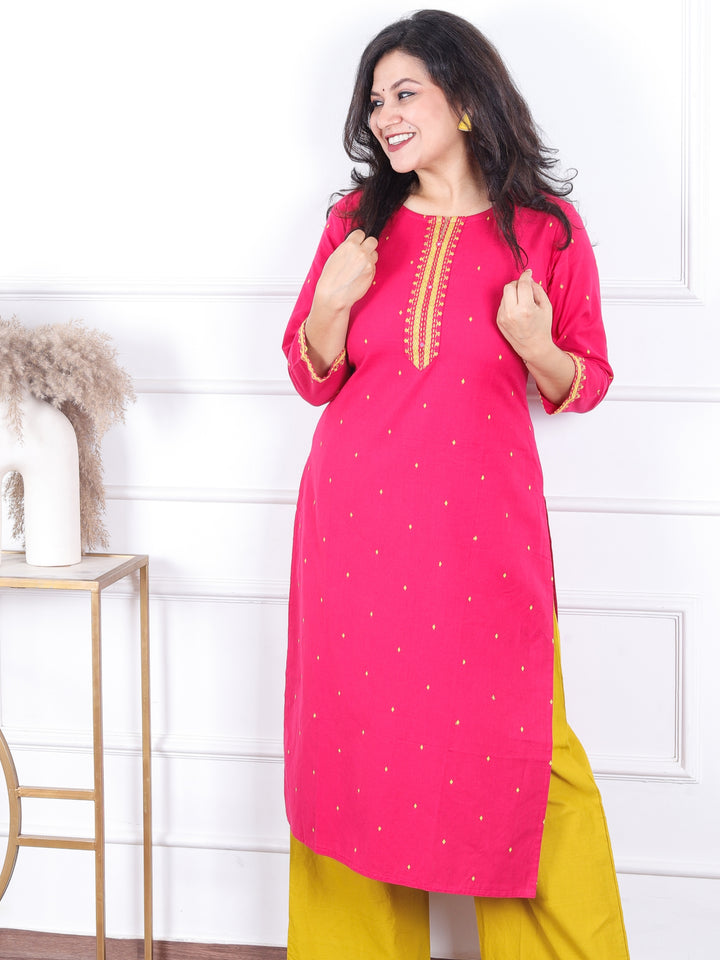 Masakkali Rani Pink Patra Work Patch with All Over Thread Buti Cotton Kurti