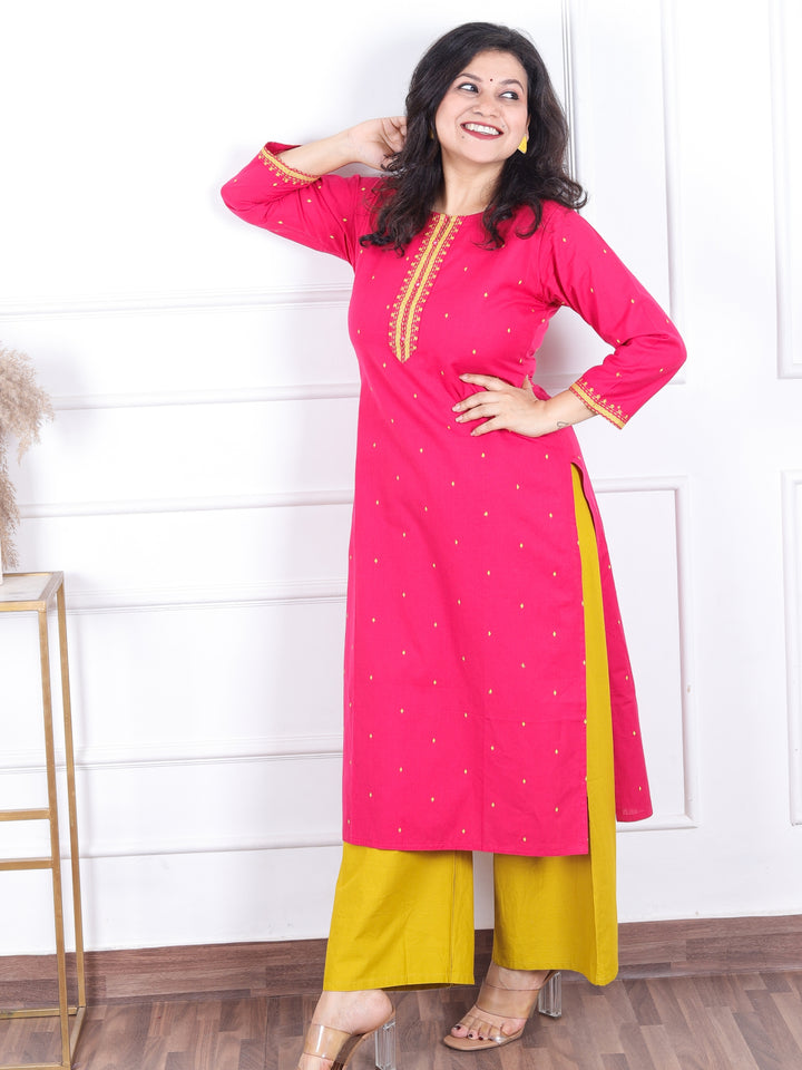 Masakkali Rani Pink Patra Work Patch with All Over Thread Buti Cotton Kurti