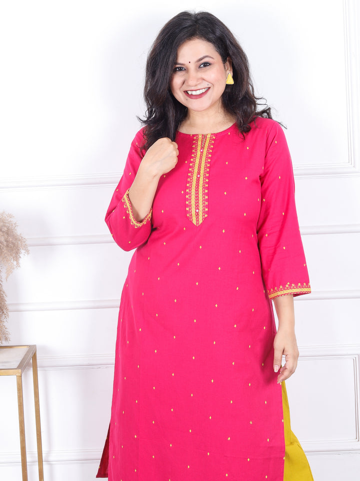 Masakkali Rani Pink Patra Work Patch with All Over Thread Buti Cotton Kurti