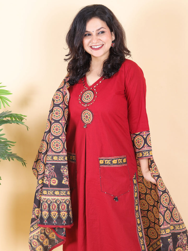 Sadhgi Cherry Red Ajrak Patch with Mirror Work on Neck Cotton 3 Piece Set