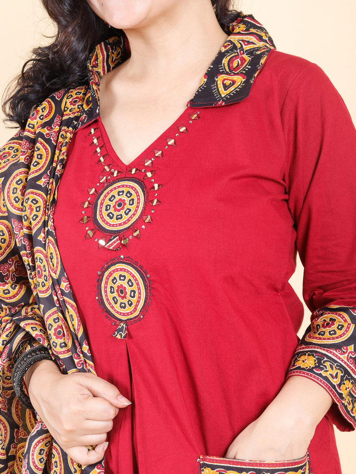 Sadhgi Cherry Red Ajrak Patch with Mirror Work on Neck Cotton 3 Piece Set